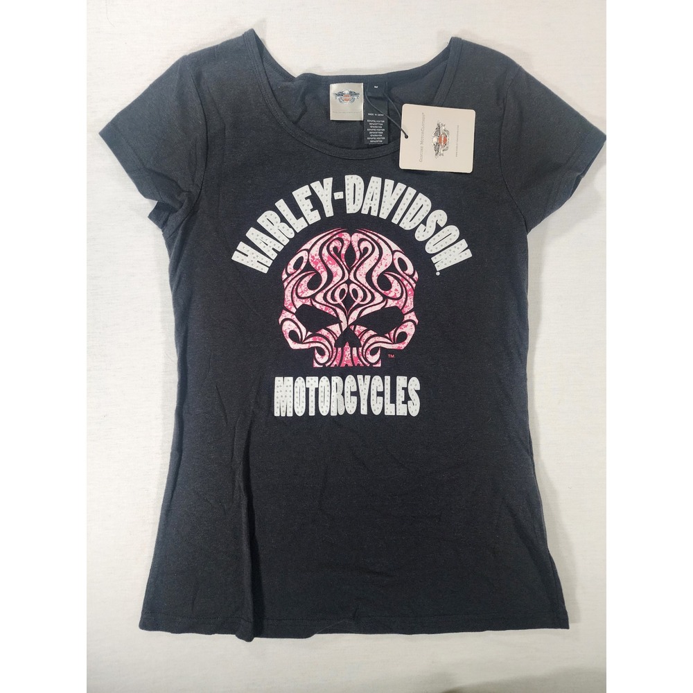 Harley-Davidson Swirl Skull Scoop Neck Tee Shirt Women M Pink Rhinestone 96169